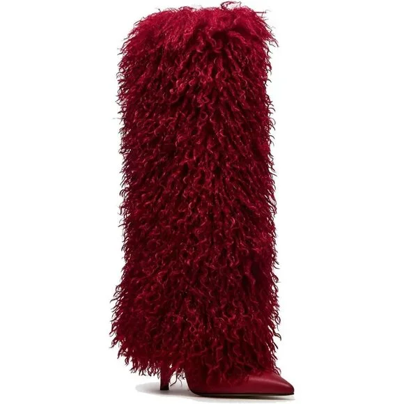 Women's Fur Red Pointed Toe Fold Over Wide Calf Knee High Heel Boots - Picture 3 of 7